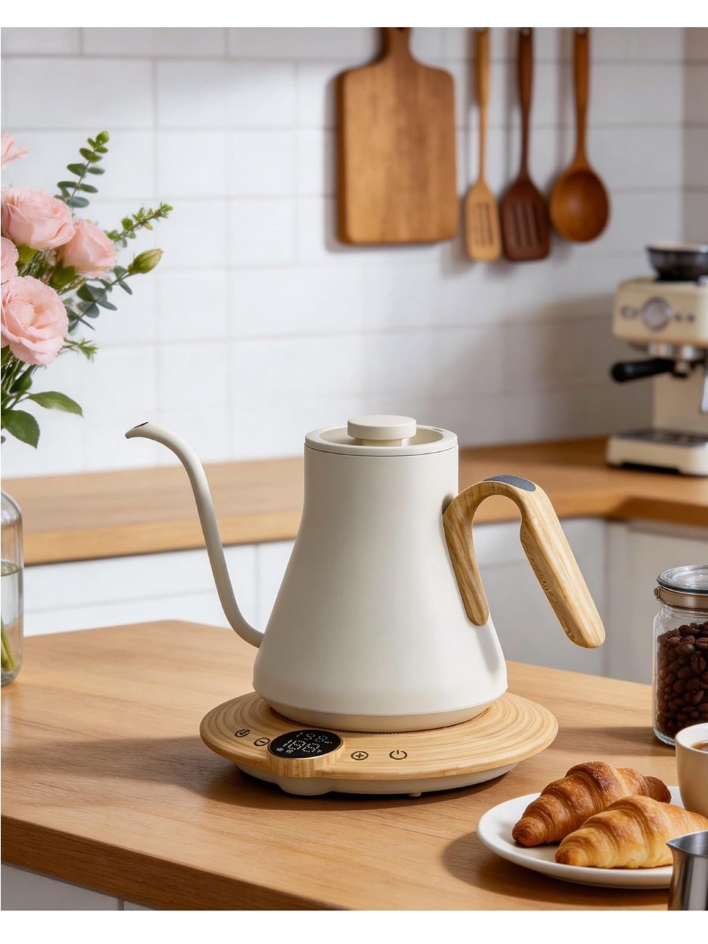 Cream Electric Gooseneck Kettle with Wood-Effect Handle